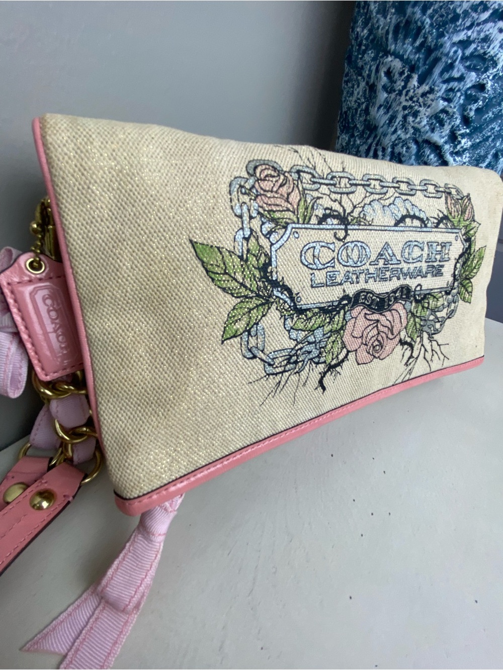 Coach Limited Edition Shimmer Tattoo Rose XL Foldover Clutch - Picture 6 of 16